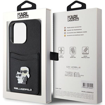 Hülle für Apple iPhone 15 Pro, Karl Lagerfeld, Saffiano Kartenfach Metall Karl & Choupette, Schwarz