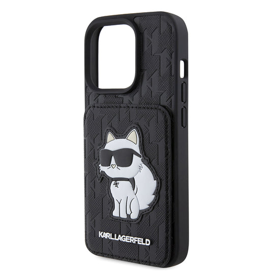 Hülle für Apple iPhone 15 Pro, Karl Lagerfeld, Saffiano Kartenfächer und Ständer Monogramm Choupette, Schwarz