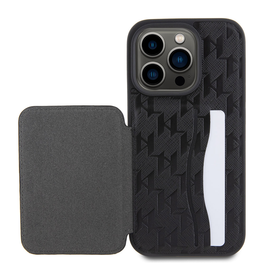 Hülle für Apple iPhone 15 Pro, Karl Lagerfeld, Saffiano Kartenfächer und Ständer Monogram Ikonik Karl, Schwarz