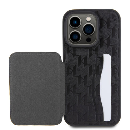 Hülle für Apple iPhone 15 Pro, Karl Lagerfeld, Saffiano Kartenfächer und Ständer Monogram Ikonik Karl, Schwarz
