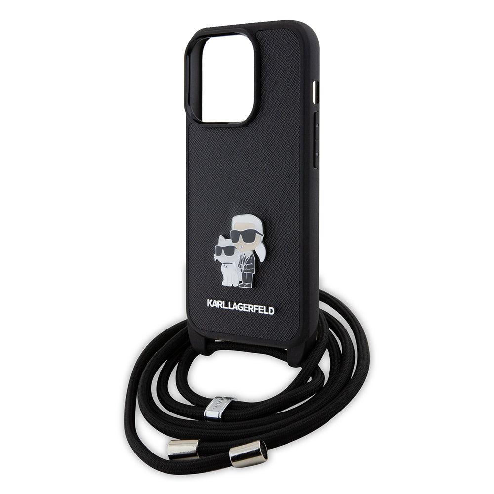 Hülle für Apple iPhone 15 Pro, Karl Lagerfeld, Saffiano Crossbody Metal Pin Karl & Choupette, Schwarz