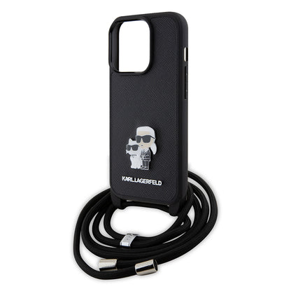 Hülle für Apple iPhone 15 Pro, Karl Lagerfeld, Saffiano Crossbody Metal Pin Karl & Choupette, Schwarz