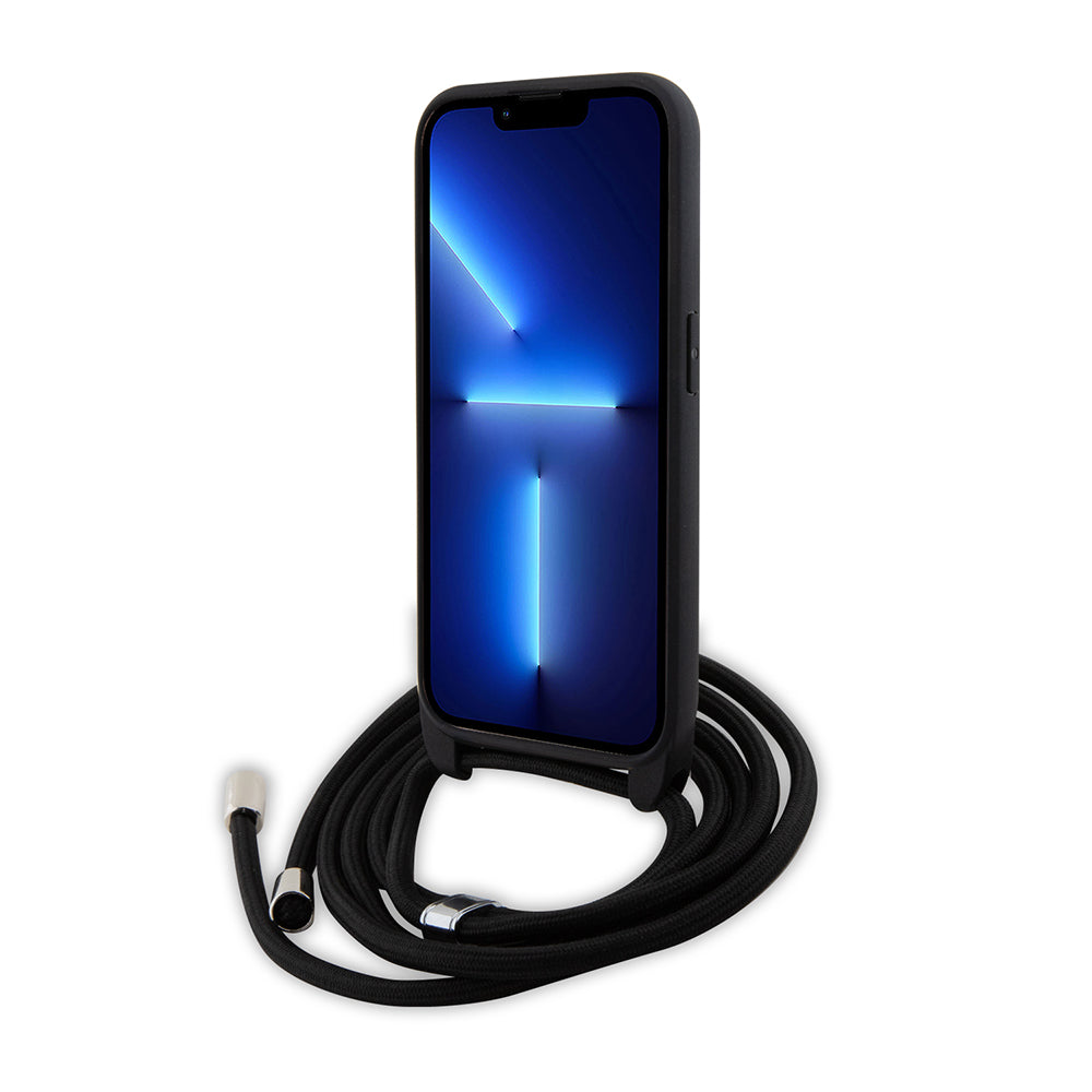 Hülle für Apple iPhone 15 Pro, Karl Lagerfeld, Saffiano Crossbody Metal Pin Karl & Choupette, Schwarz