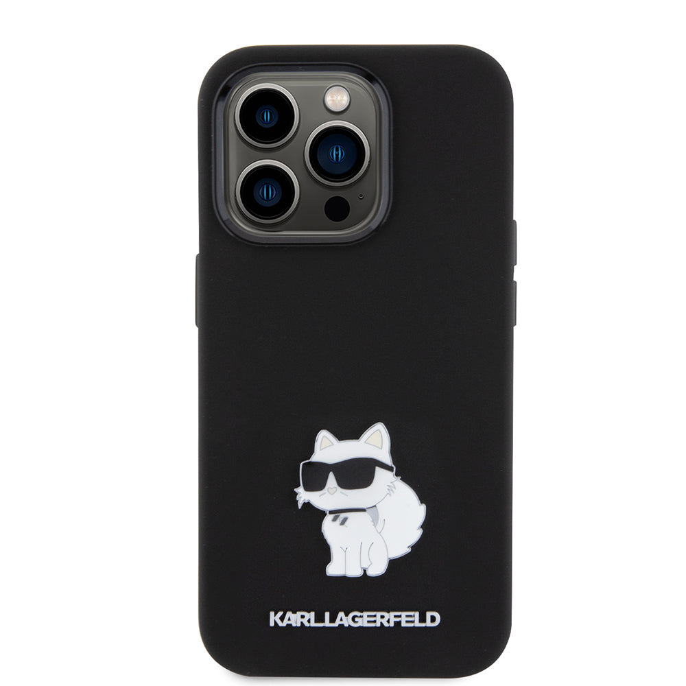 Hülle für Apple iPhone 15 Pro, Karl Lagerfeld, Silicone Choupette Metal, Schwarz