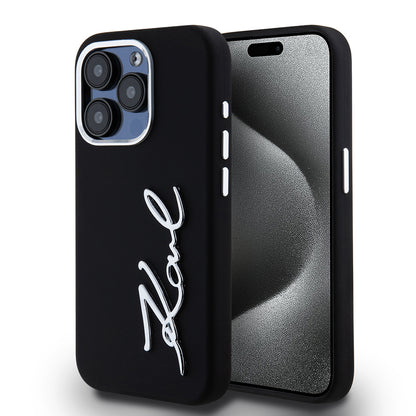 Hülle für Apple iPhone 15 Pro, Karl Lagerfeld, Silikon Metall Schriftzug Logo, Schwarz
