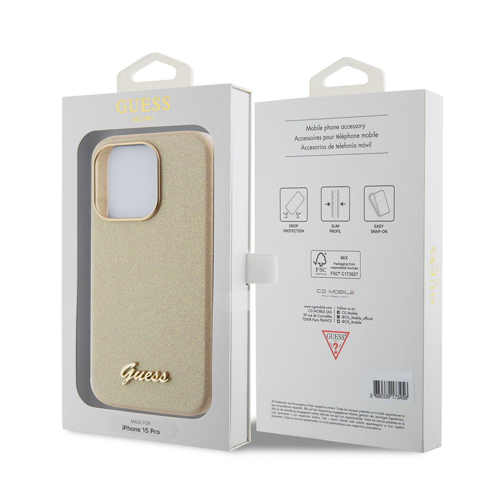 Hülle für Apple iPhone 15 Pro Max, Guess, Glitter Glossy Script, Beige