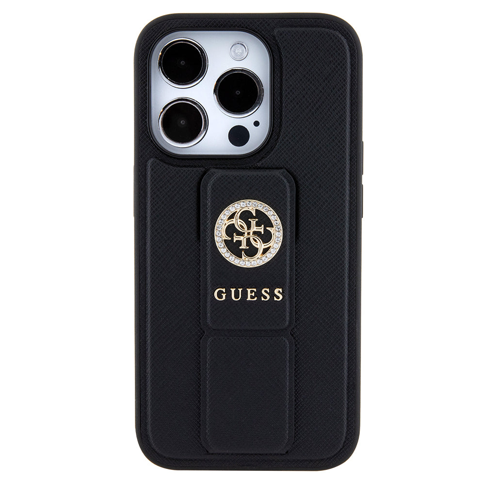 Hülle für Apple iPhone 15 Pro Max, Guess, Grip Stand 4G Saffiano Strass, Schwarz