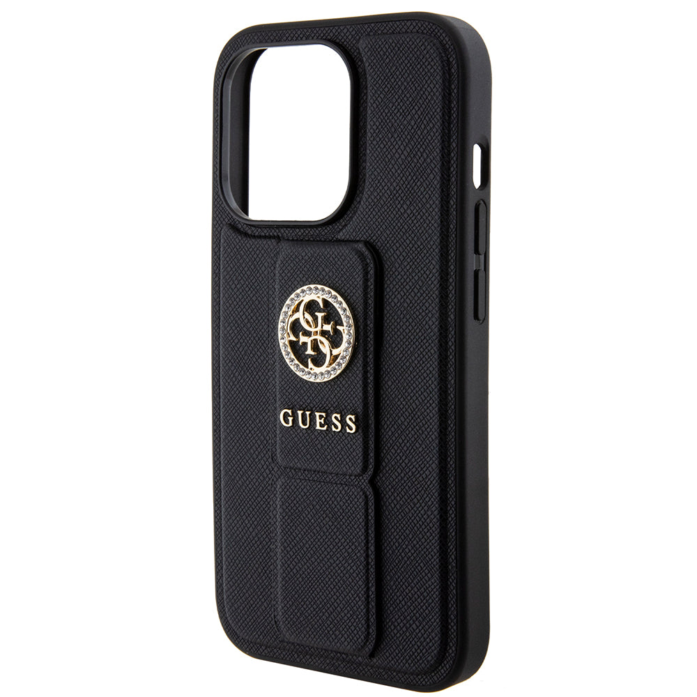 Hülle für Apple iPhone 15 Pro Max, Guess, Grip Stand 4G Saffiano Strass, Schwarz