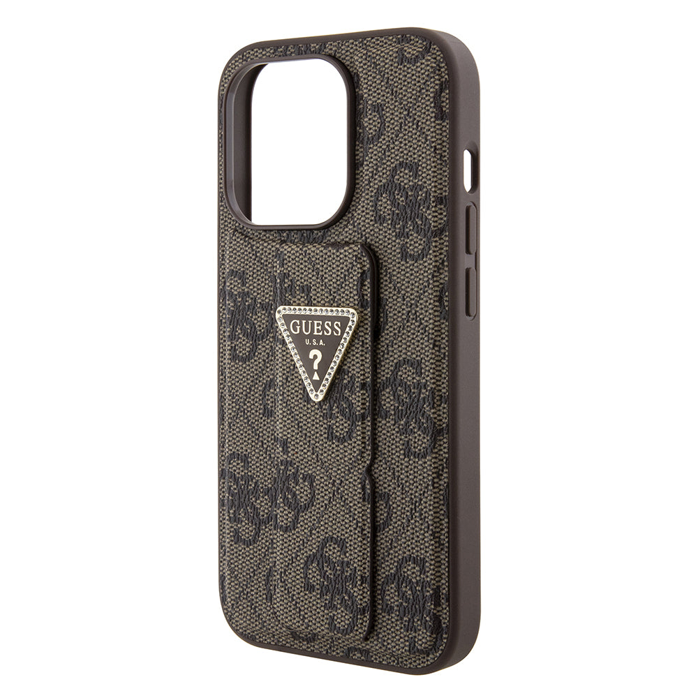 Hülle für Apple iPhone 15 Pro Max, Guess, Grip Stand 4G Triangle Strass, Braun