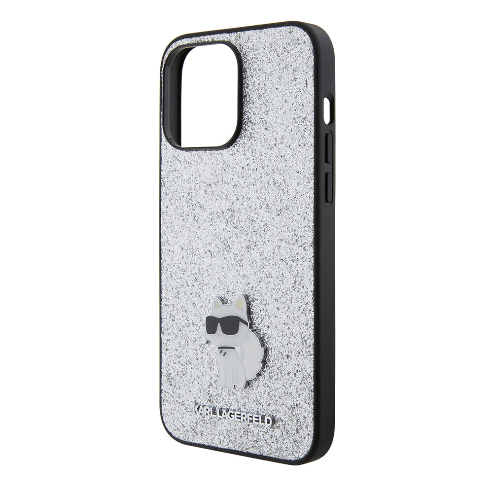 Hülle für Apple iPhone 15 Pro Max, Karl Lagerfeld, Glitter Fixed Choupette Logo, Silbern
