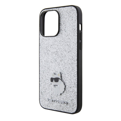 Hülle für Apple iPhone 15 Pro Max, Karl Lagerfeld, Glitter Fixed Choupette Logo, Silbern