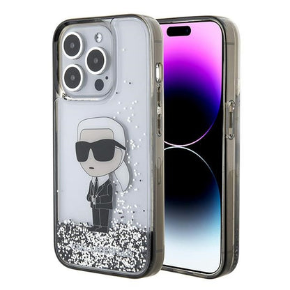 Hülle für Apple iPhone 15 Pro Max, Karl Lagerfeld, Liquid Glitter Ikonik Karl, Transparent