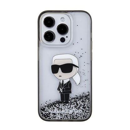 Hülle für Apple iPhone 15 Pro Max, Karl Lagerfeld, Liquid Glitter Ikonik Karl, Transparent