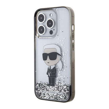Hülle für Apple iPhone 15 Pro Max, Karl Lagerfeld, Liquid Glitter Ikonik Karl, Transparent