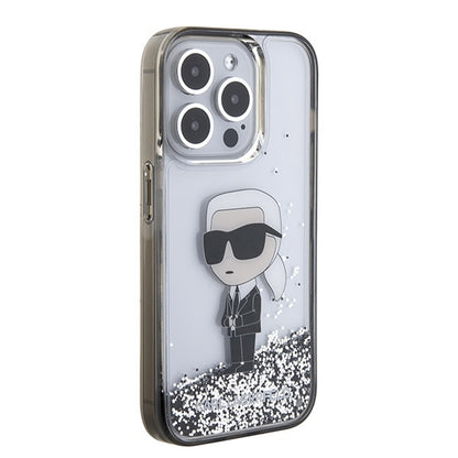 Hülle für Apple iPhone 15 Pro Max, Karl Lagerfeld, Liquid Glitter Ikonik Karl, Transparent
