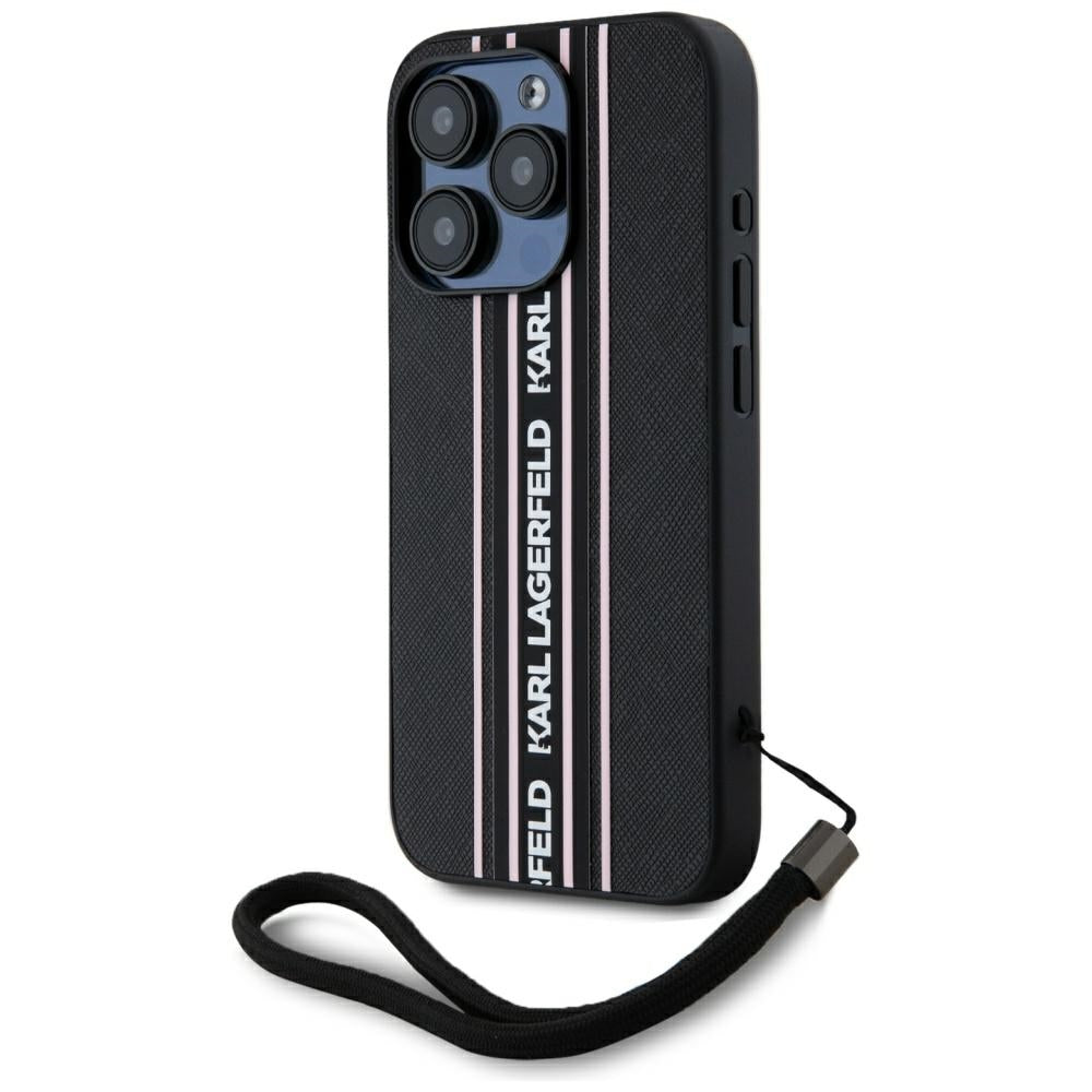 Hülle für Apple iPhone 15 Pro Max, Karl Lagerfeld, Saffiano Athleisure Stripes with Strap, Rosa