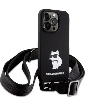 Hülle für Apple iPhone 15 Pro Max, Karl Lagerfeld, Silikon Crossbody Ikonik Karl, Schwarz