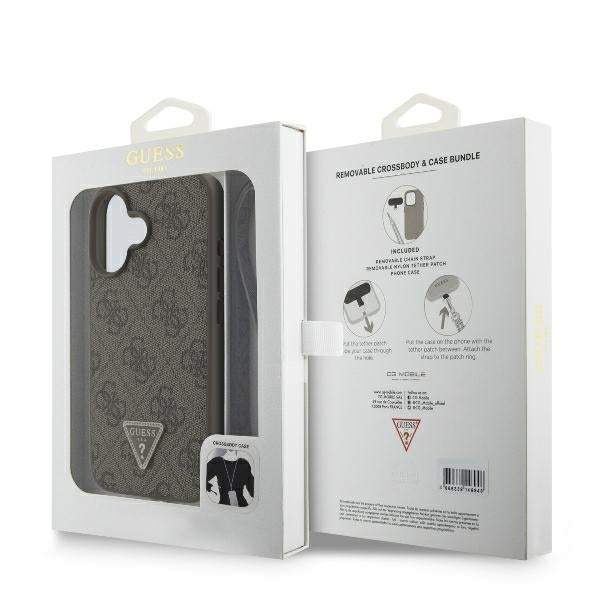 Hülle für Apple iPhone 16, Guess, Crossbody 4G Triangle Strass, Braun