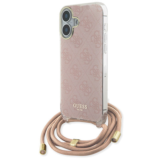 Hülle für Apple iPhone 16, Guess, Crossbody Cord 4G Print, Rosa