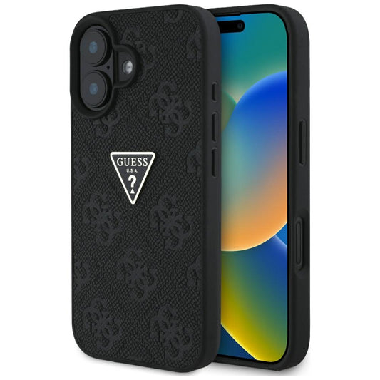 Hülle für Apple iPhone 16, Guess, Hot Stamp 4G Pattern Triangle Logo, Schwarz