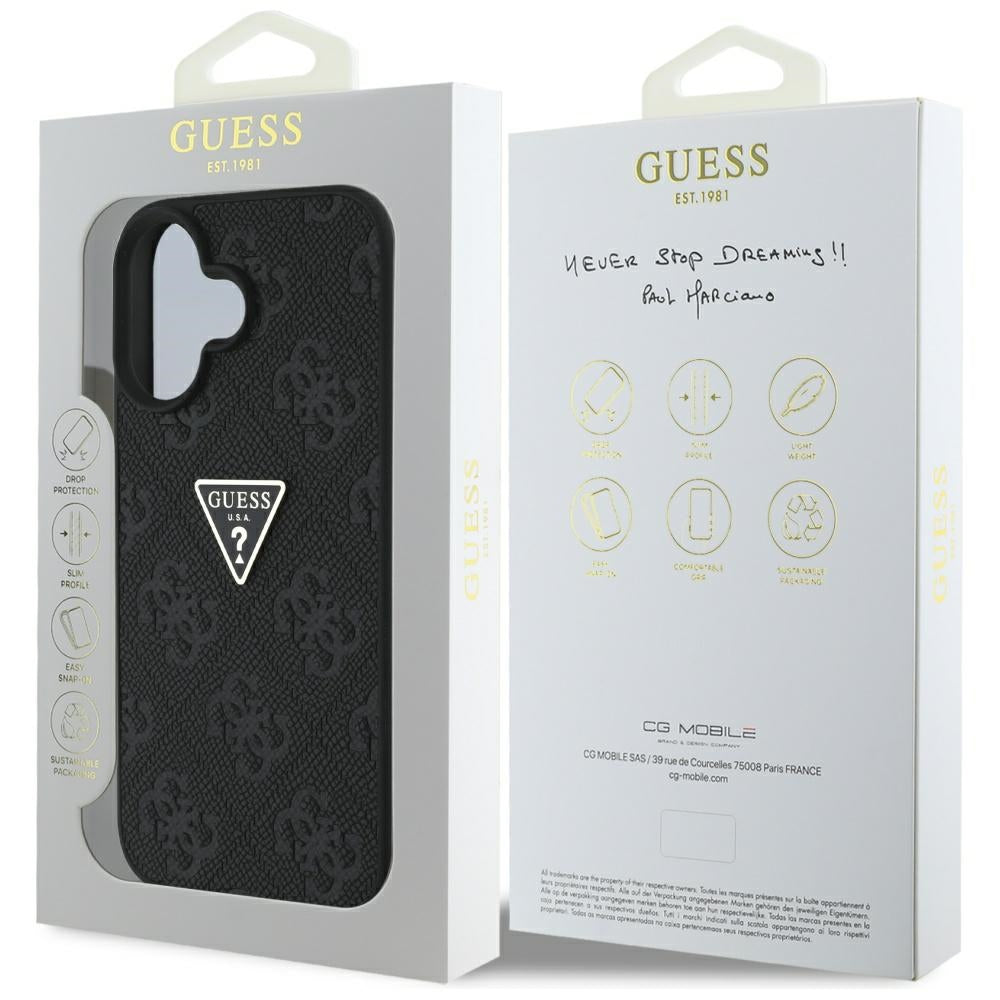 Case for Apple iPhone 16, Guess, Hot Stamp 4G Pattern Triangle Logo, Black
