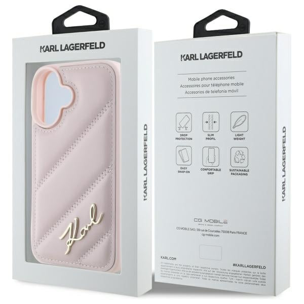Hülle für Apple iPhone 16, Karl Lagerfeld, Diagonal Quilted Script, Rosa