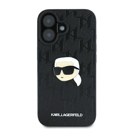 Hülle für Apple iPhone 16, Karl Lagerfeld, Monogram Karl's Head, Schwarz