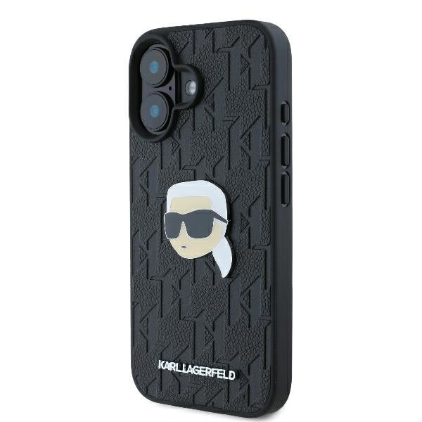 Hülle für Apple iPhone 16, Karl Lagerfeld, Monogram Karl's Head, Schwarz