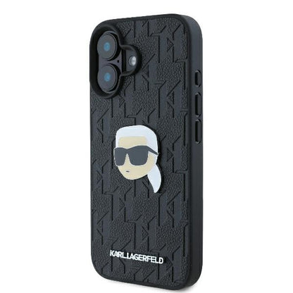 Hülle für Apple iPhone 16, Karl Lagerfeld, Monogram Karl's Head, Schwarz