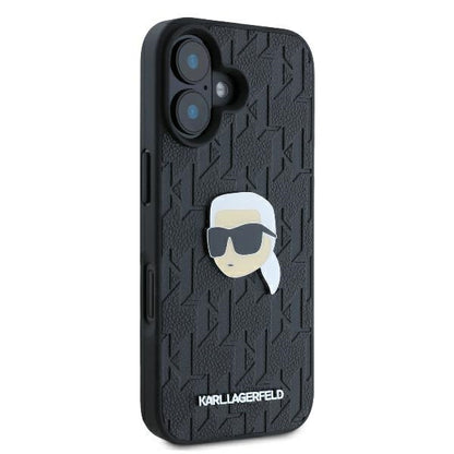 Hülle für Apple iPhone 16, Karl Lagerfeld, Monogram Karl's Head, Schwarz