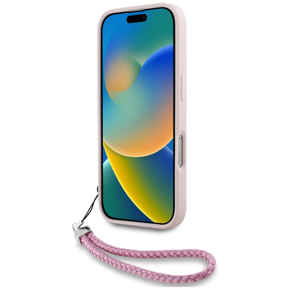 Hülle für Apple iPhone 16, Karl Lagerfeld, Gestepptes Initialen-Logo & Kettenriemen, Rosa