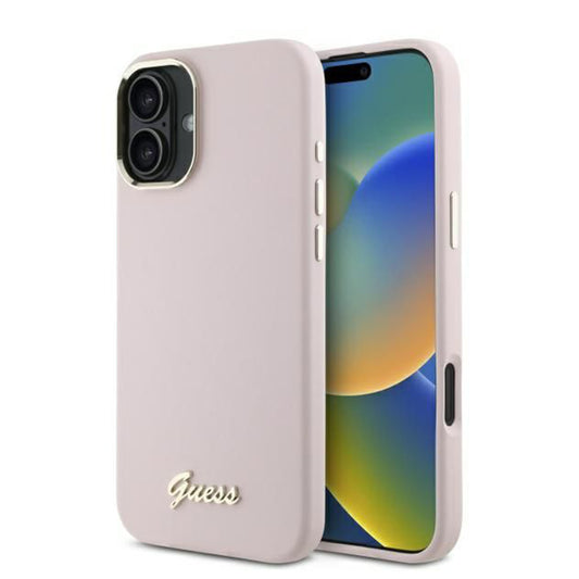 Hülle für Apple iPhone 16 Plus, Guess, Script Metal Logo & Rahmen, Rosa