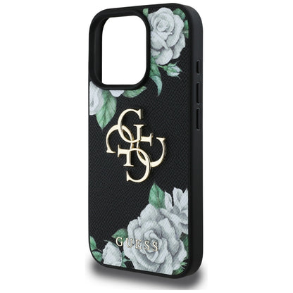 Case for Apple iPhone 16 Pro, Guess, 4G Grained Roses Big Logo, Black