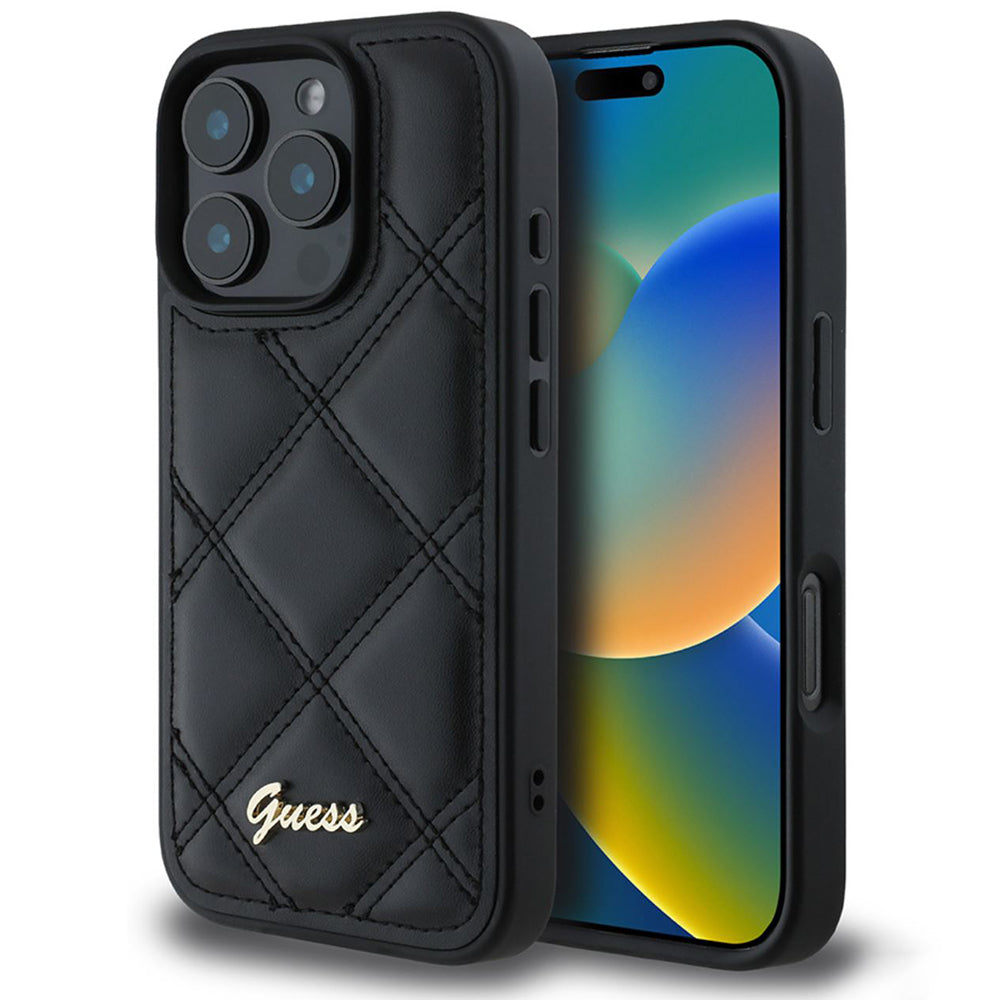 Hülle für Apple iPhone 16 Pro, Guess, Quilted Metal Logo, Schwarz
