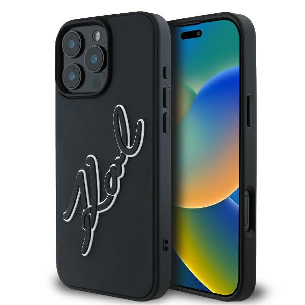 Hülle für Apple iPhone 16 Pro, Karl Lagerfeld, 3D Rubber Signature, Schwarz