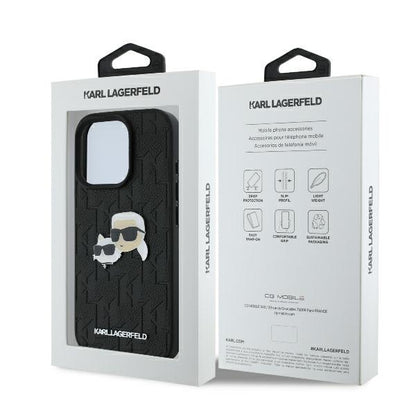 Hülle für Apple iPhone 16 Pro, Karl Lagerfeld, Monogramm Karl & Choupette's Köpfe, Schwarz