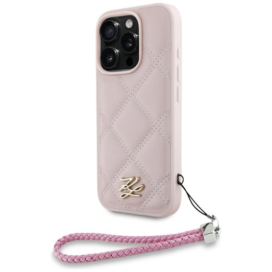 Hülle für Apple iPhone 16 Pro, Karl Lagerfeld, Quilted Initial Logo & Chain Strap, Rosa