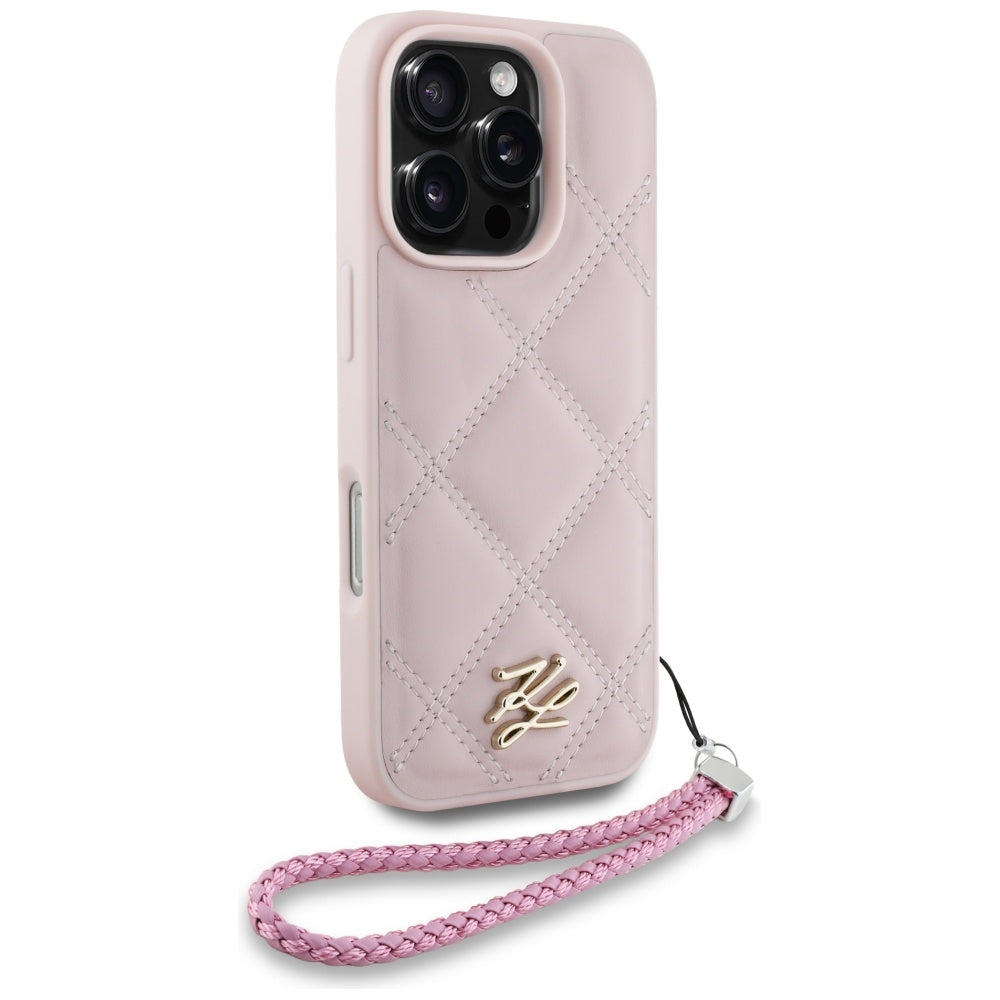 Hülle für Apple iPhone 16 Pro, Karl Lagerfeld, Quilted Initial Logo & Chain Strap, Rosa