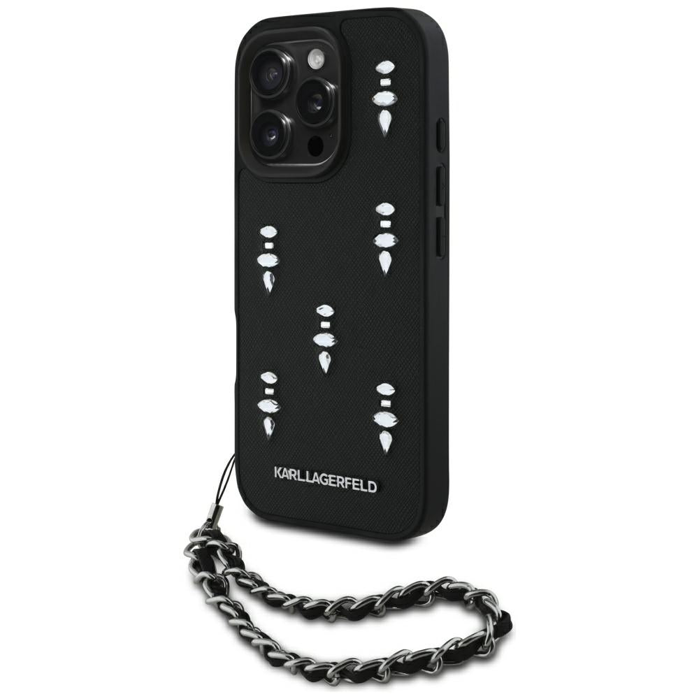 Hülle für Apple iPhone 16 Pro, Karl Lagerfeld, Saffiano Crystals & Charm, Schwarz