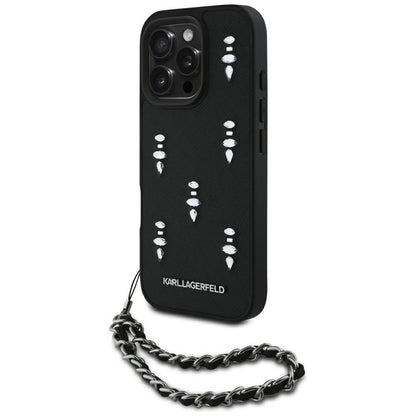 Hülle für Apple iPhone 16 Pro, Karl Lagerfeld, Saffiano Crystals & Charm, Schwarz