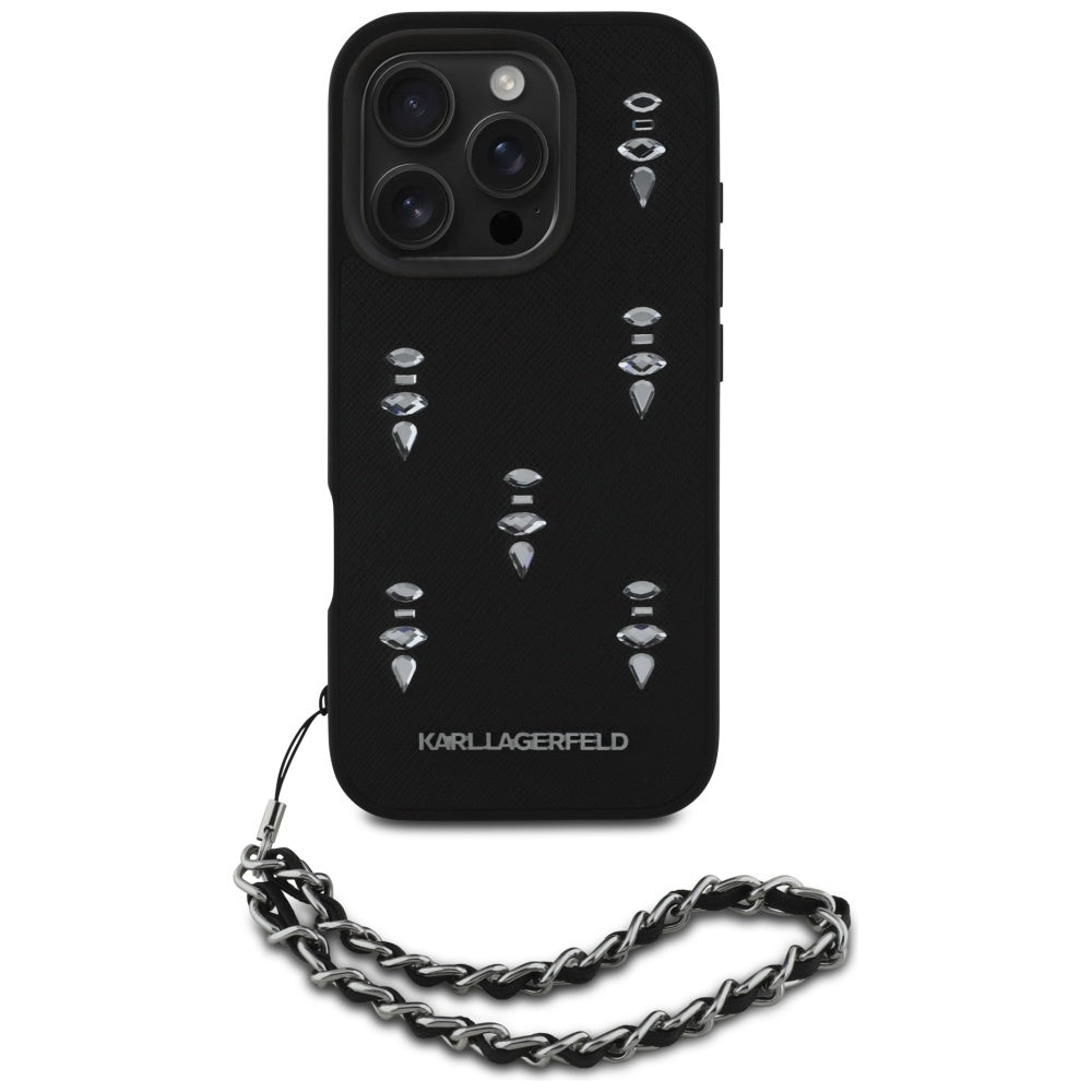 Hülle für Apple iPhone 16 Pro, Karl Lagerfeld, Saffiano Crystals & Charm, Schwarz