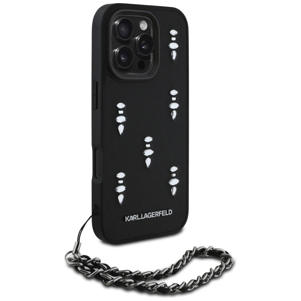 Hülle für Apple iPhone 16 Pro, Karl Lagerfeld, Saffiano Crystals & Charm, Schwarz