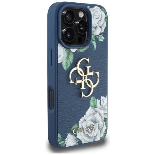 Hülle für Apple iPhone 16 Pro Max, Guess, 4G Grained Roses Big Logo, Blau