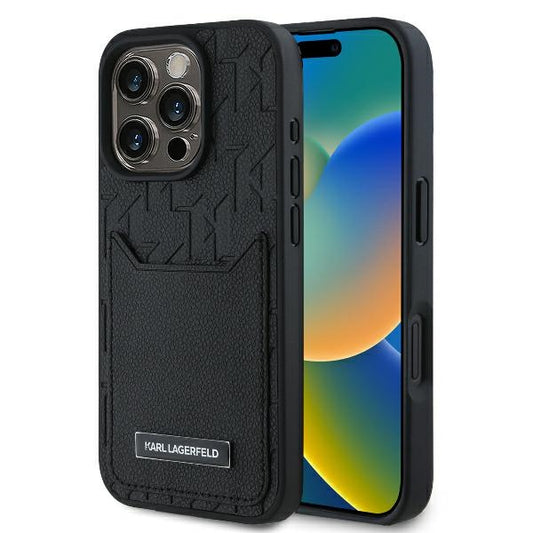 Hülle für Apple iPhone 16 Pro Max, Karl Lagerfeld, Cardslots Monogram, Schwarz