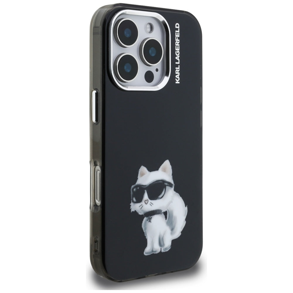 Hülle für Apple iPhone 16 Pro Max, Karl Lagerfeld, IML Aquarelle Logo Choupette, Schwarz