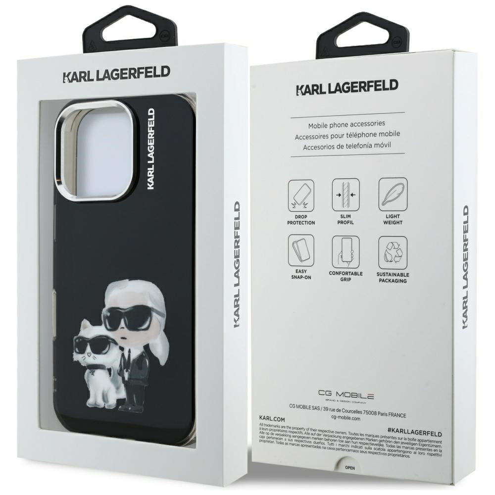 Hülle für Apple iPhone 16 Pro Max, Karl Lagerfeld, IML Aquarelle Logo Karl & Choupette, Schwarz