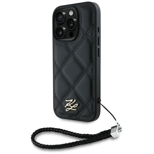 Case for Apple iPhone 16 Pro Max, Karl Lagerfeld, Quilted Initial Logo & Chain Strap, Black