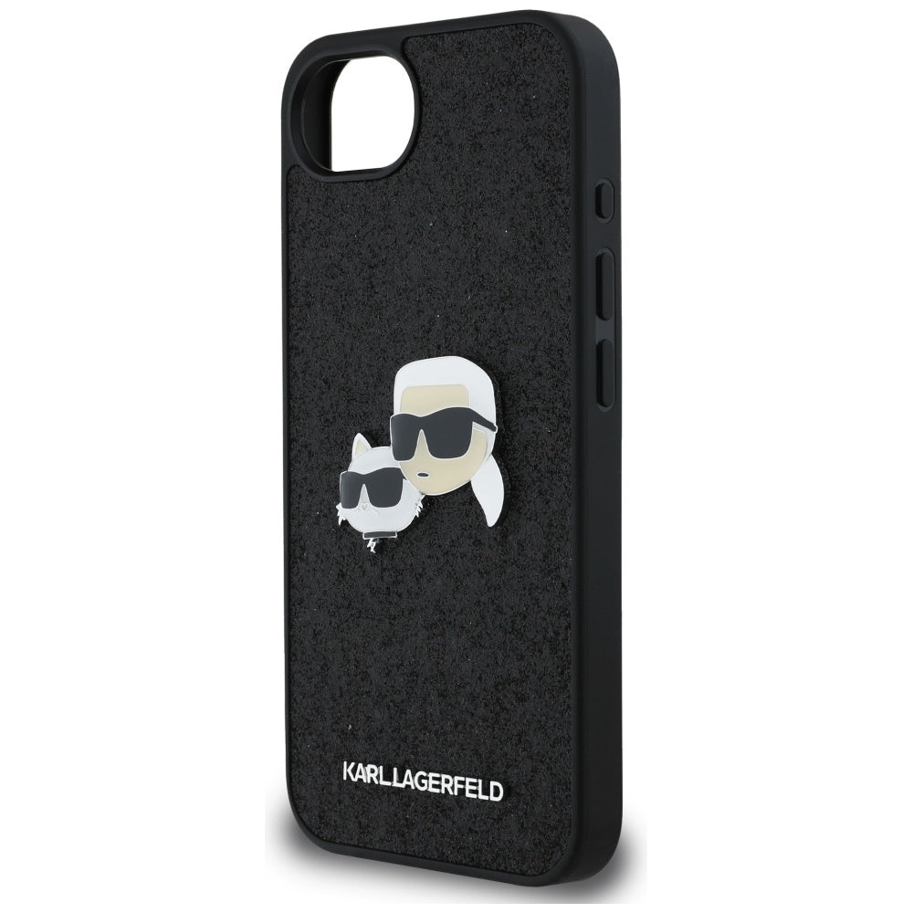 Hülle für Apple iPhone 16e, Karl Lagerfeld, Glitter Fixed Karl & Choupette's Heads, Blau