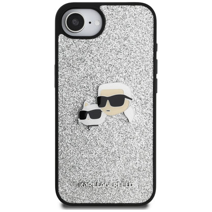 Hülle für Apple iPhone 16e, Karl Lagerfeld, Glitter Fixed Karl & Choupette's Heads, Silbern
