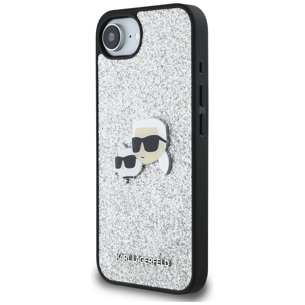 Hülle für Apple iPhone 16e, Karl Lagerfeld, Glitter Fixed Karl & Choupette's Heads, Silbern